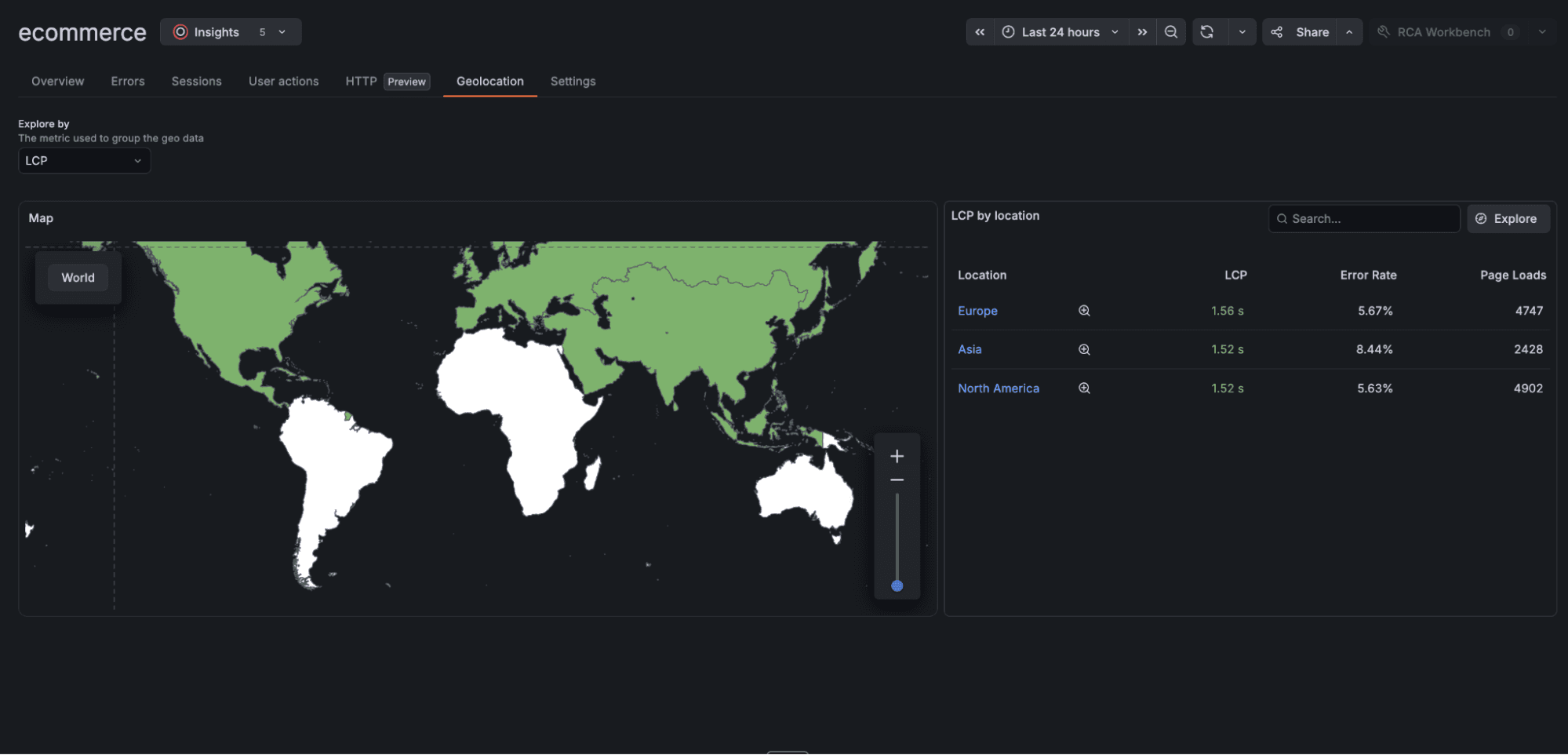 A screenshot of the geolocation view in Frontend Observability, showing a world map along with metrics related to LCP, error rates, and page loads.