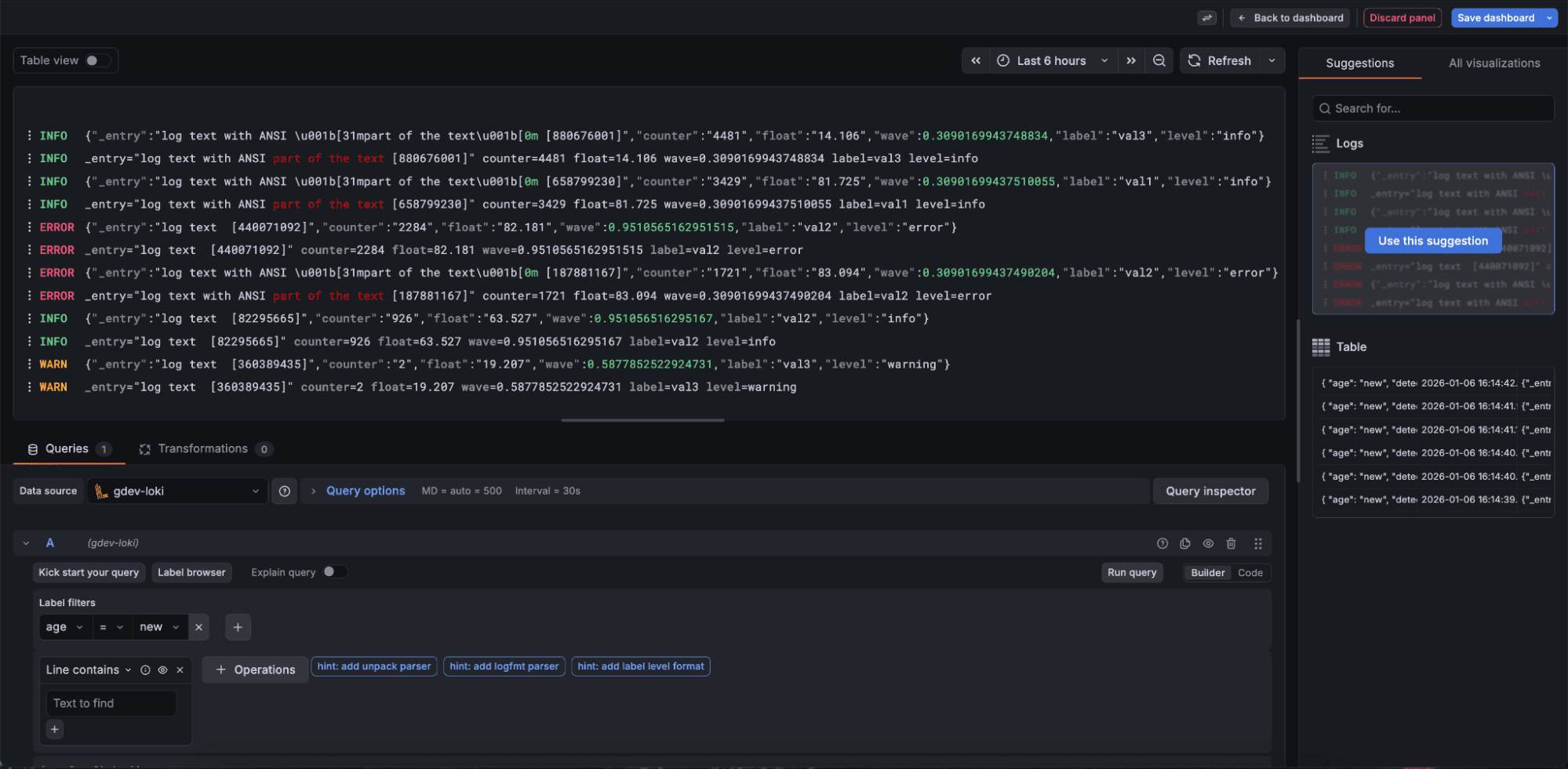 A computer screen displaying a dark-themed code editor with error logs, suggestions, and query options.