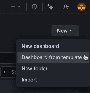 Dropdown menu with options: New dashboard, Dashboard from template (highlighted), New folder, Import.