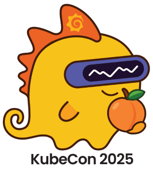 An image of Grot, the Grafana Labs mascot, holding a peach. Text below reads "KubeCon 2025."