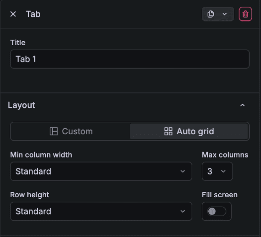 Interface of a user settings panel displaying options for tab customization, layout settings, and grid configurations.