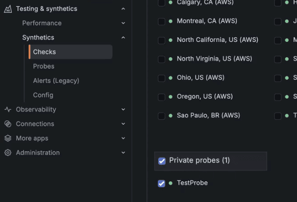 Menu showing various locations for synthetic checks, such as North California and Sao Paulo, with options for private probes and a selected test probe.