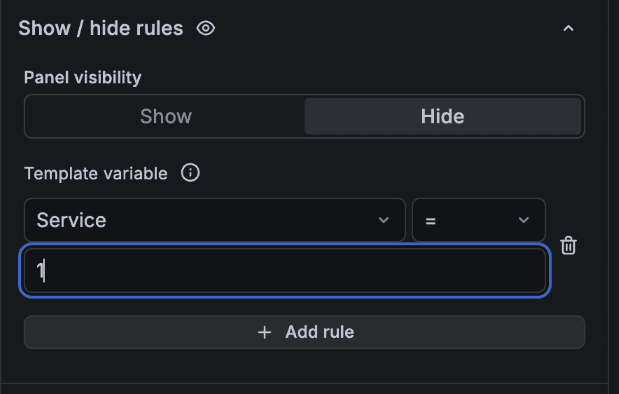 A dark interface with options to show or hide panel visibility, and a template variable named "Service" set to a value of 1.