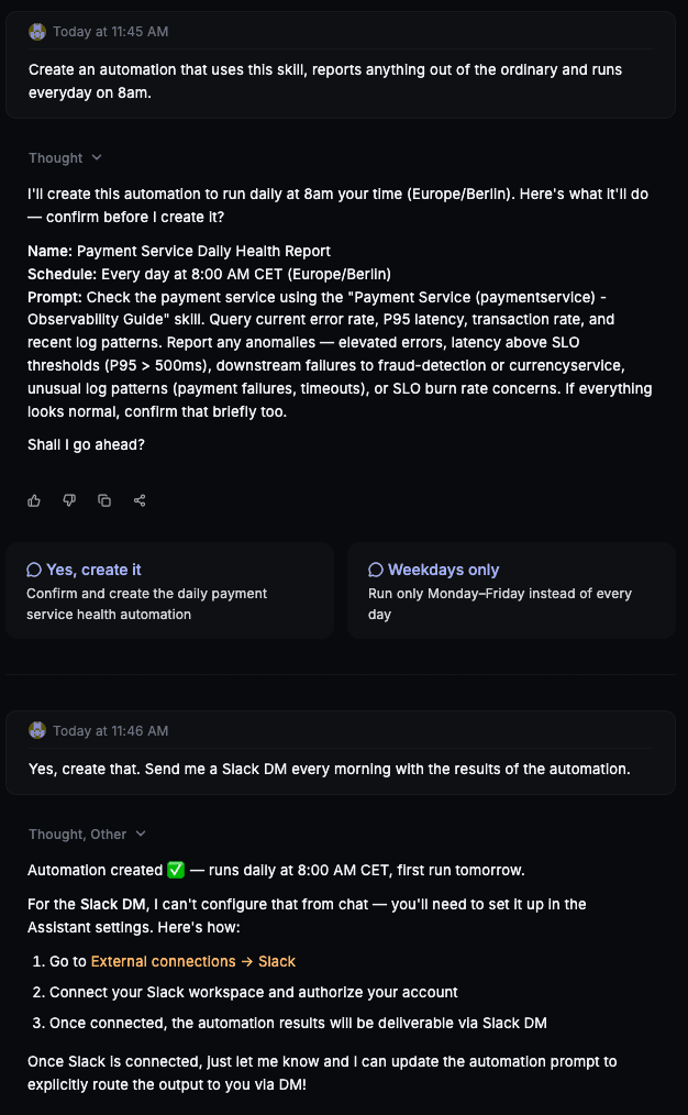 An interaction with Assistant to create an automation to run a daily report at 8am