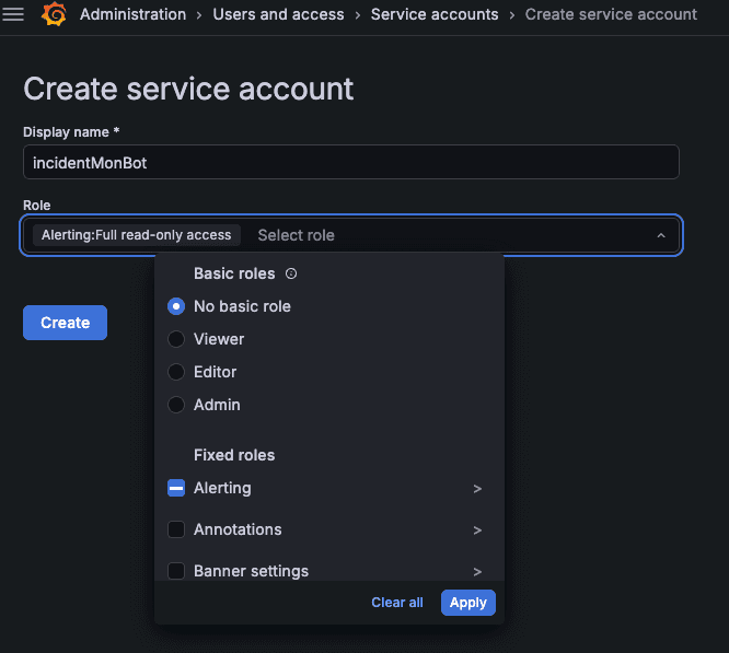 Dark-themed Grafana interface for creating a service account, showing display name field and role selection with options like Viewer, Editor, and Alerting.