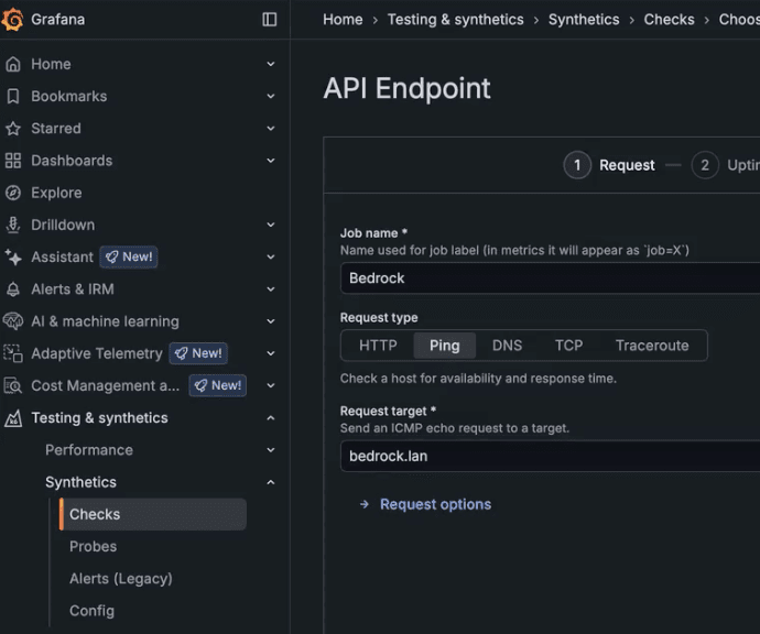 Grafana Cloud interface showing an "API Endpoint" configuration. The left sidebar lists folders and settings.