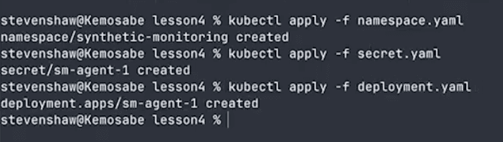 Terminal screenshot showing Kubernetes commands to apply namespace, secret, and deployment, with outcomes indicating successful creation.