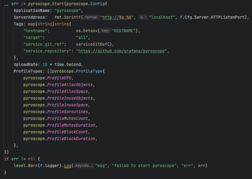 Screenshot of a code editor showing a Go file config setup for Pyroscope. Includes server address, tags, and profile types in structured format.