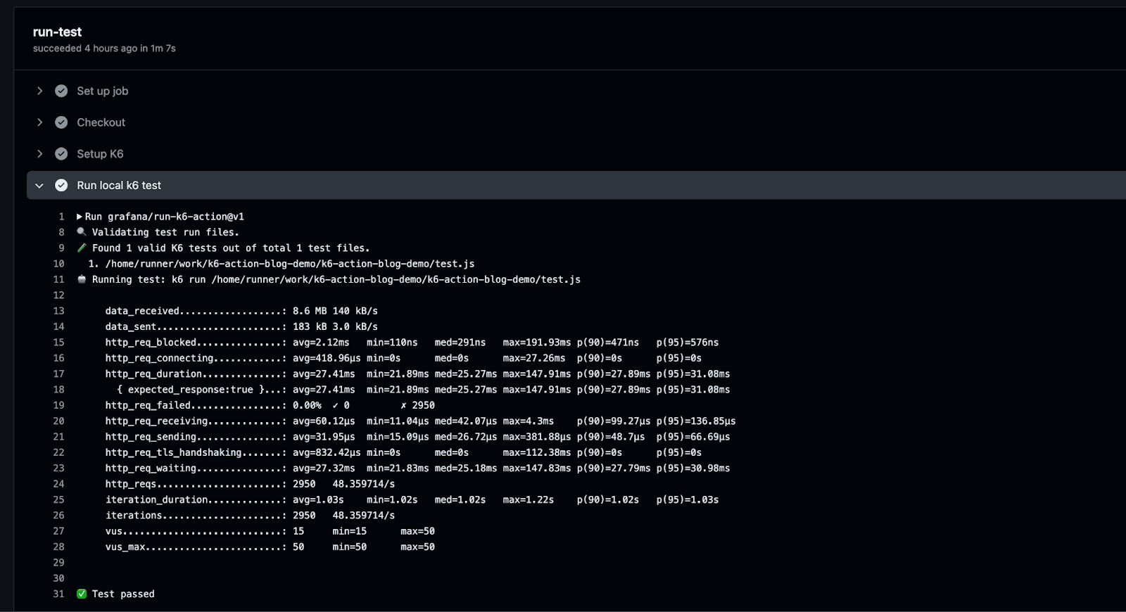 A screenshot of code for running a local k6 test.