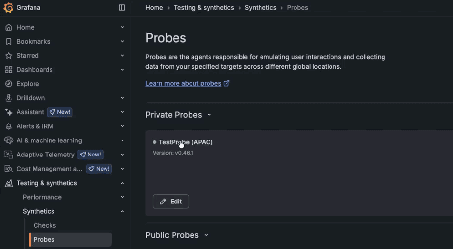 Grafana Cloud interface showing a probes section, with a focus on "TestProbe (APAC)" listed under Private Probes.