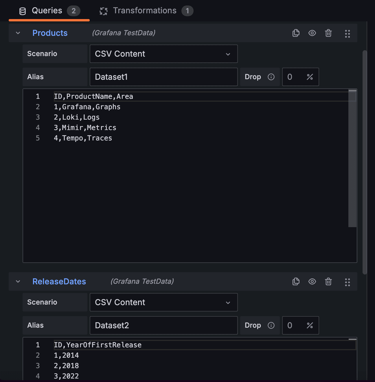 A screenshot of defining two different CSV data sets.