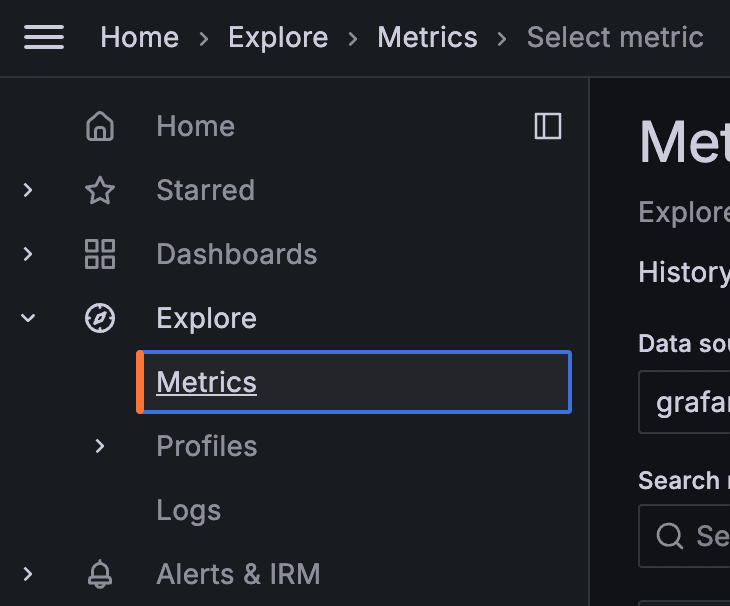 Grafana Cloud UI to find Explore Metrics feature