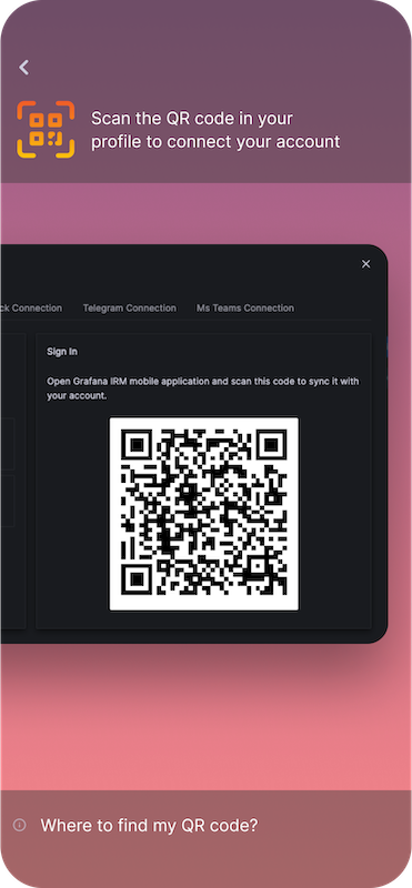 Screenshot of Grafana OnCall mobile app showing QR code for syncing to web app.