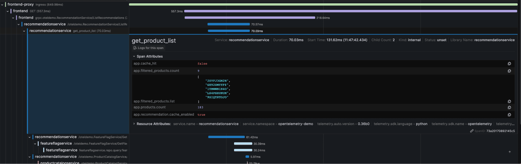 Traces correlated with frontend performance metrics in Frontend Observability.