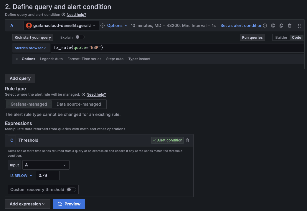 Define query and alert conditions' menu