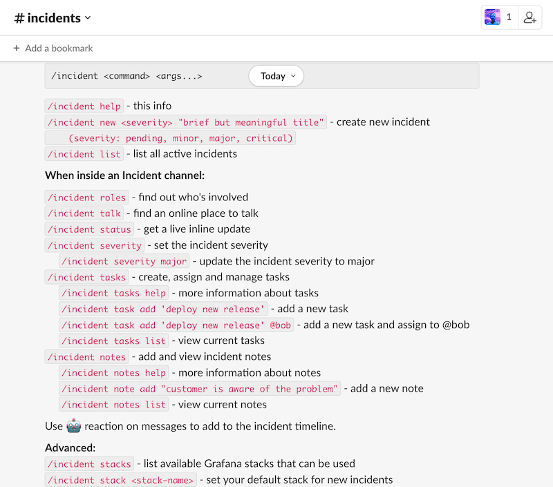 Grafana Incident chatbot command lines.