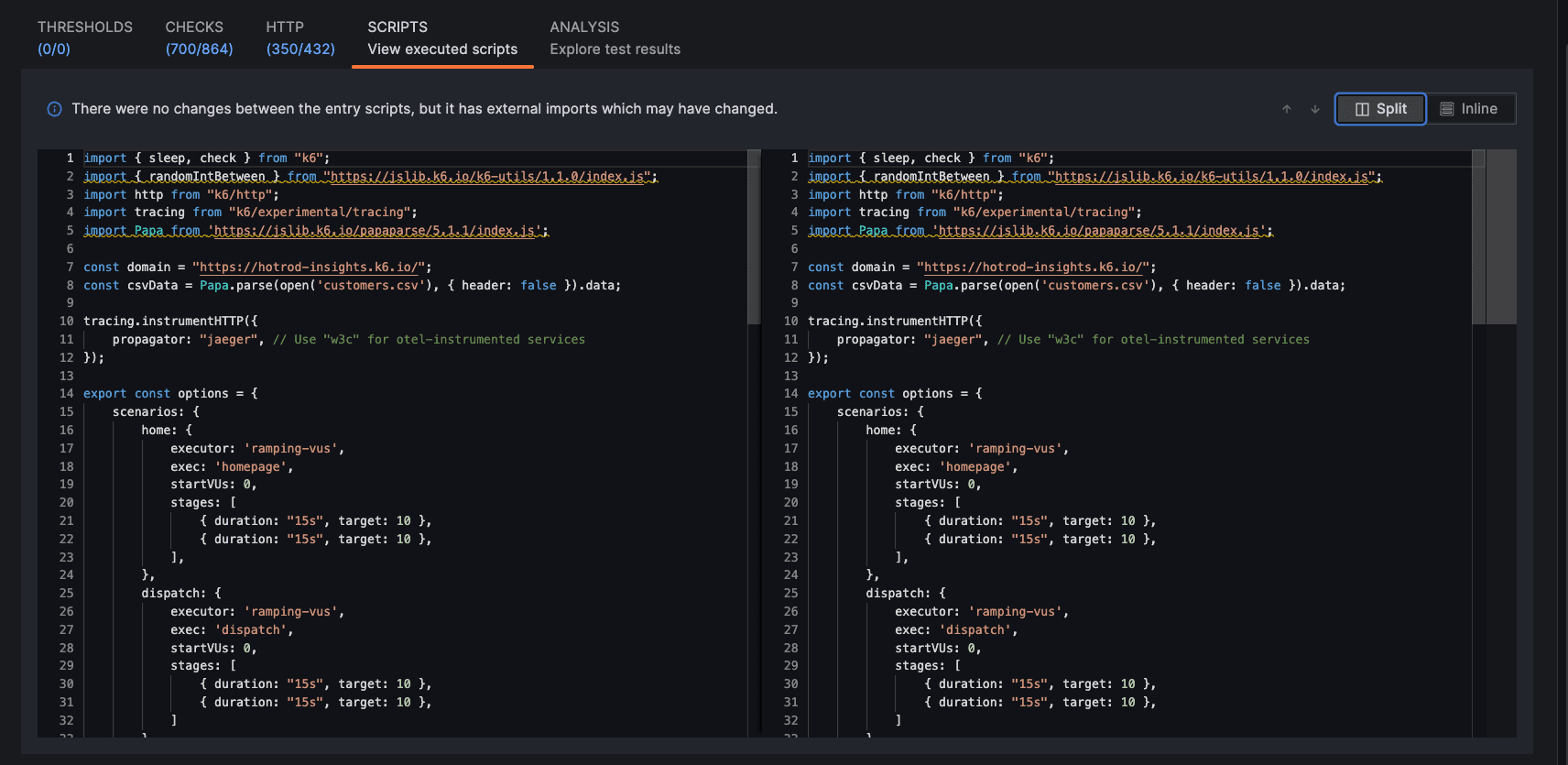 A screenshot of test script comparisons in Grafana Cloud k6.