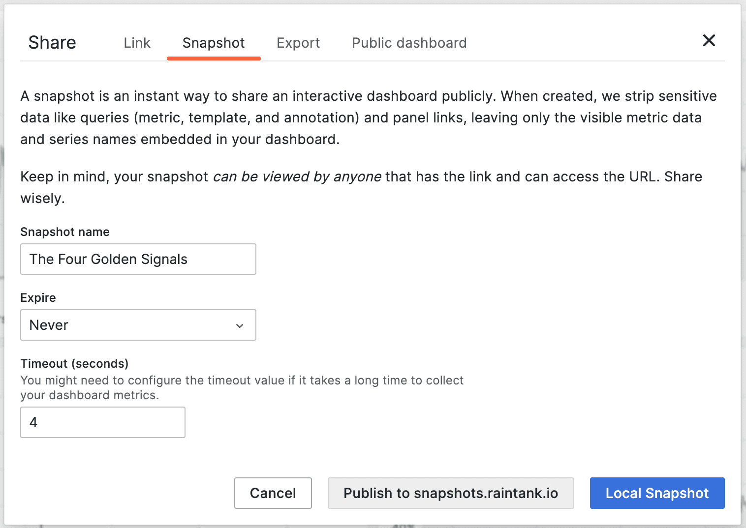 A screenshot of the Snapshot sharing window in Grafana.
