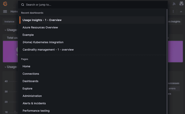 Screenshot of command palette in Grafana UI.