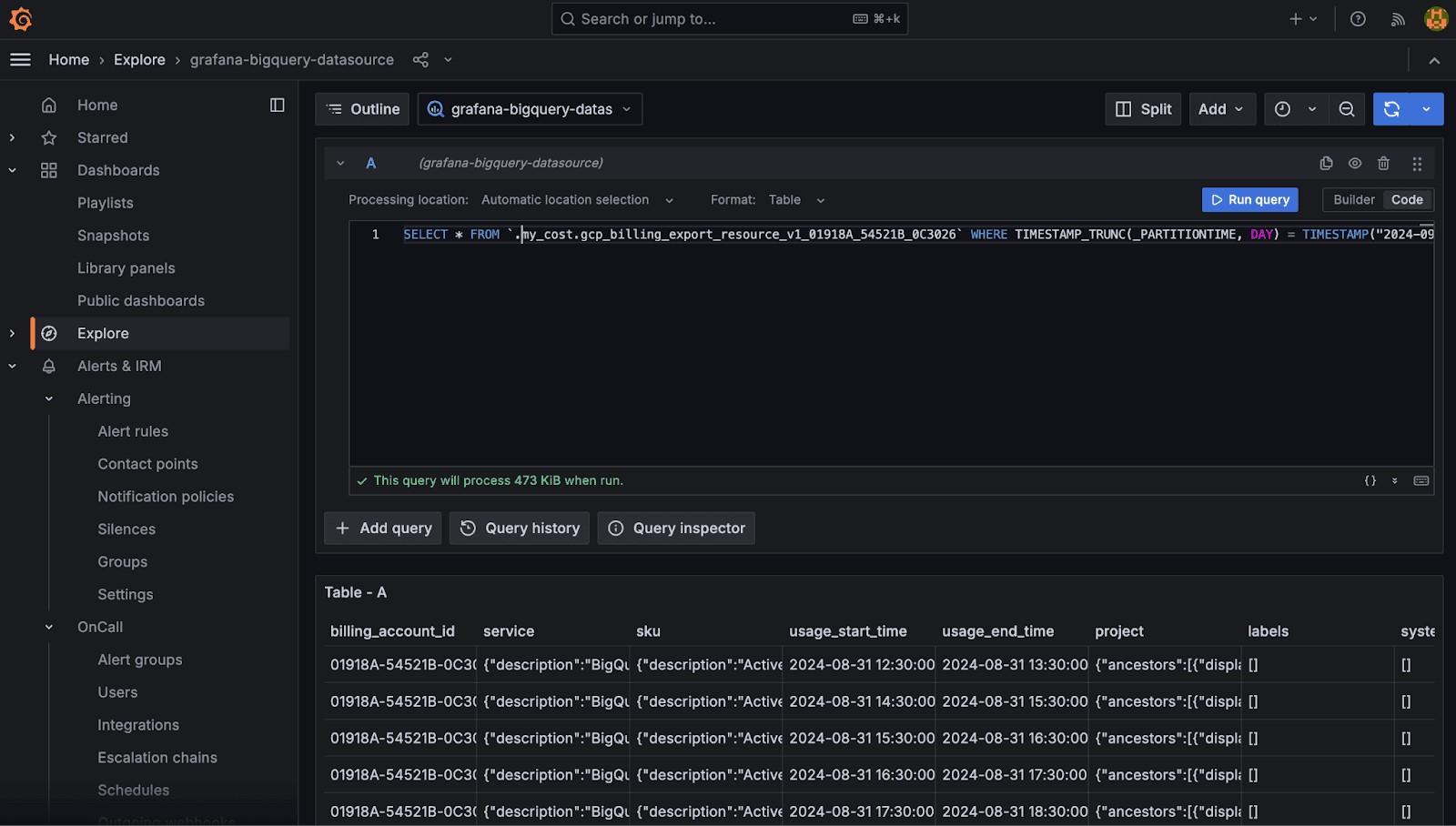 A screenshot of a query for the BigQuery data source.