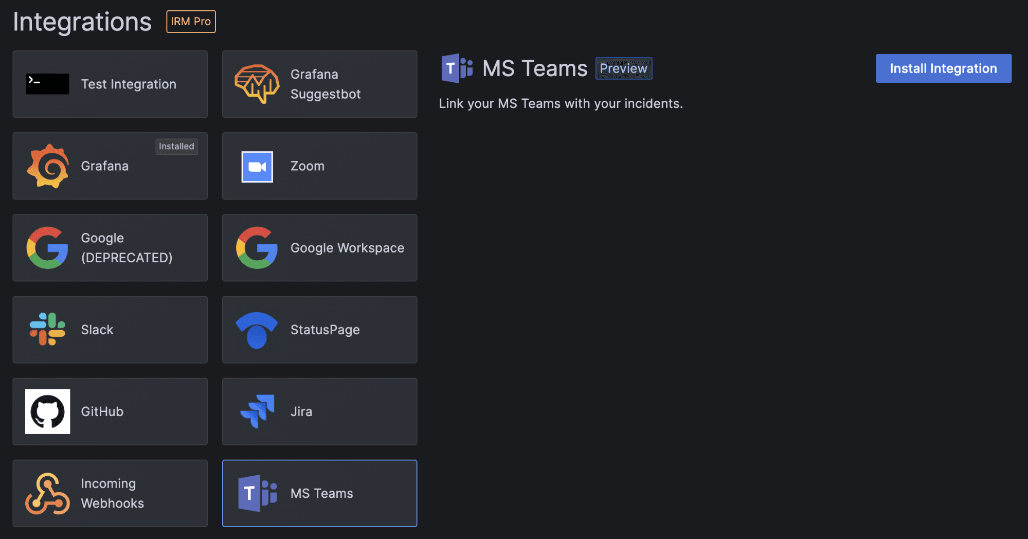 Screenshot of Grafana Cloud integrations with MS Teams highlighted