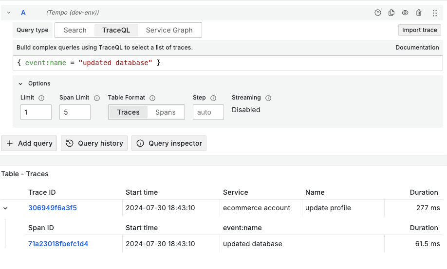 TraceQL query for span event