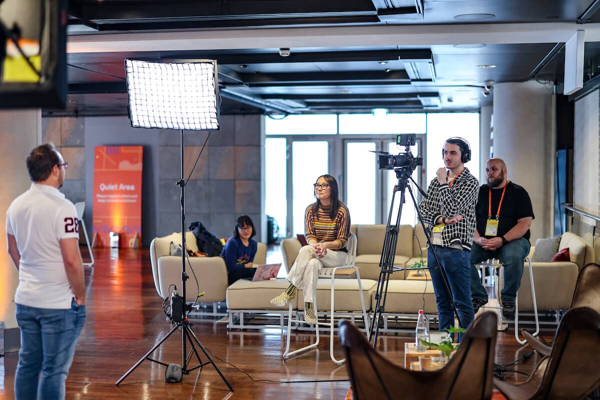 Grafana Labs team in a filming set up for Story of Grafana documentary