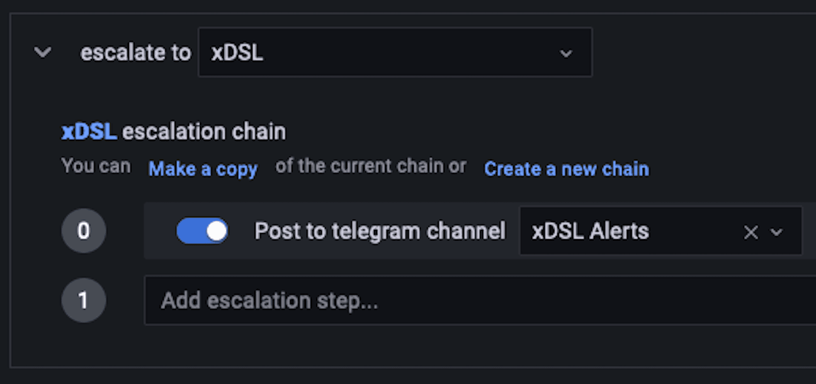A screenshot showing Telegram being added to an escalation in Grafana OnCall.