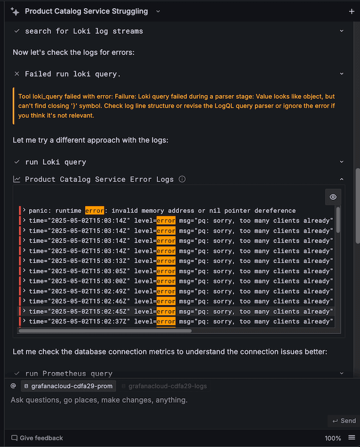 A set of errors displayed in Grafana Asisstant