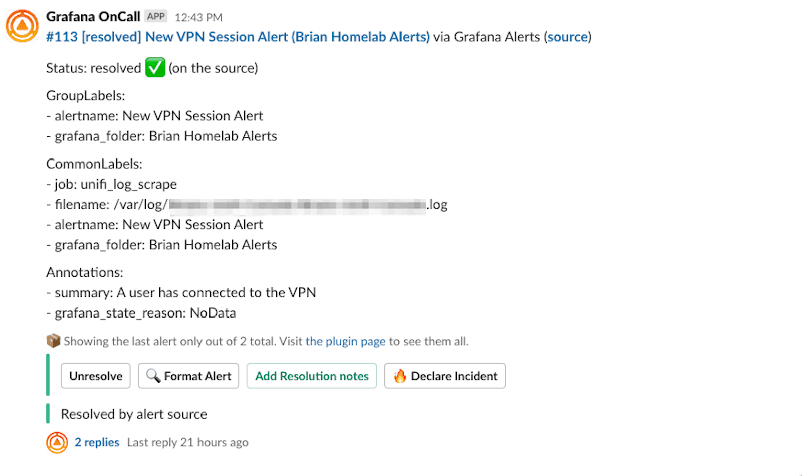 A screenshot of a GrafanaOnCall alert in Slack
