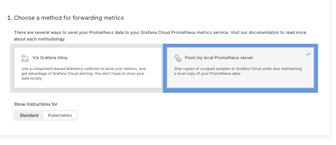 Choose a method for forwarding metrics menu