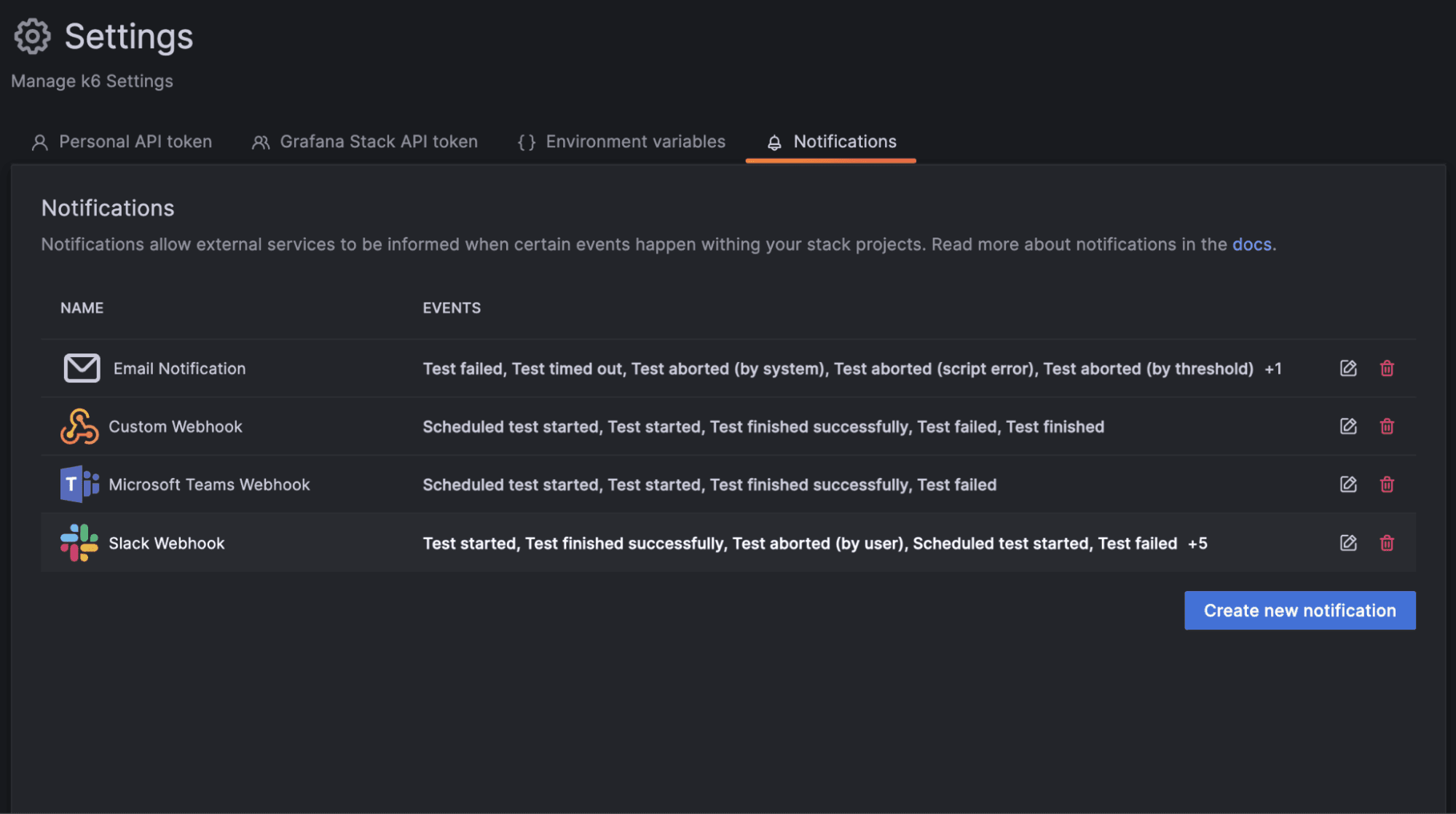 Screenshot of Grafana k6 settings UI