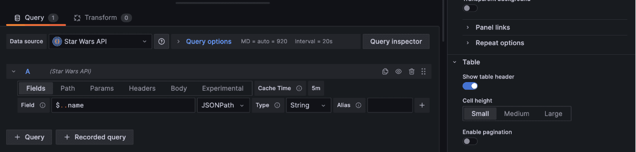 Additional fields are added to the query in Grafana, including the field name and cache type.