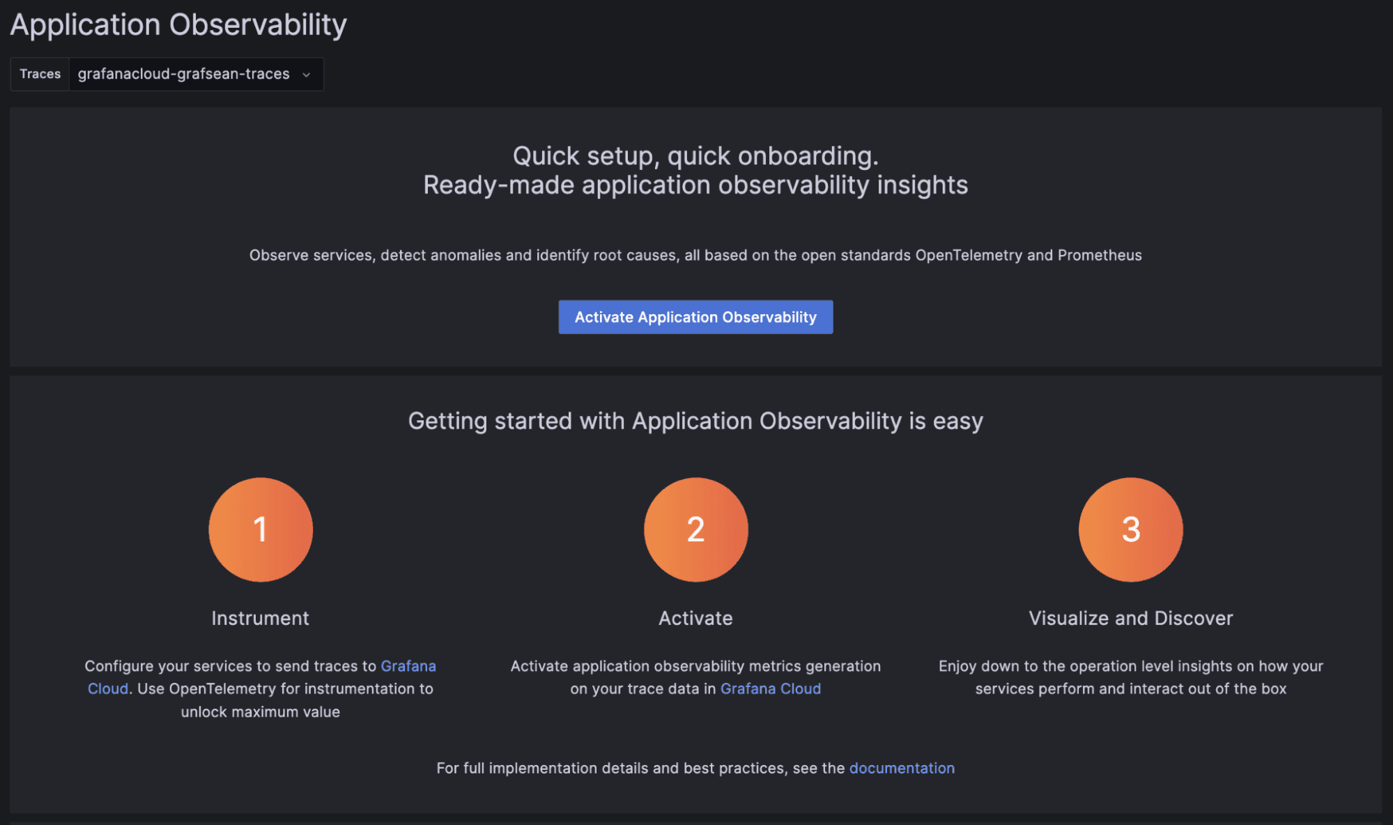 Chart showing three steps to setting up Application Observability in Grafana Cloud