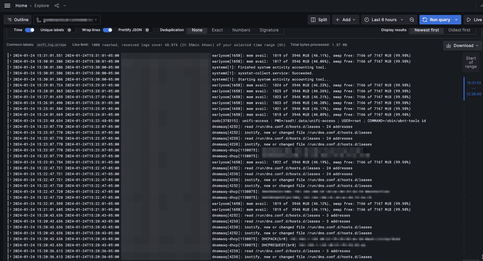 A screenshot showing the results of the Logql query used to query the VPN logs in Grafana.