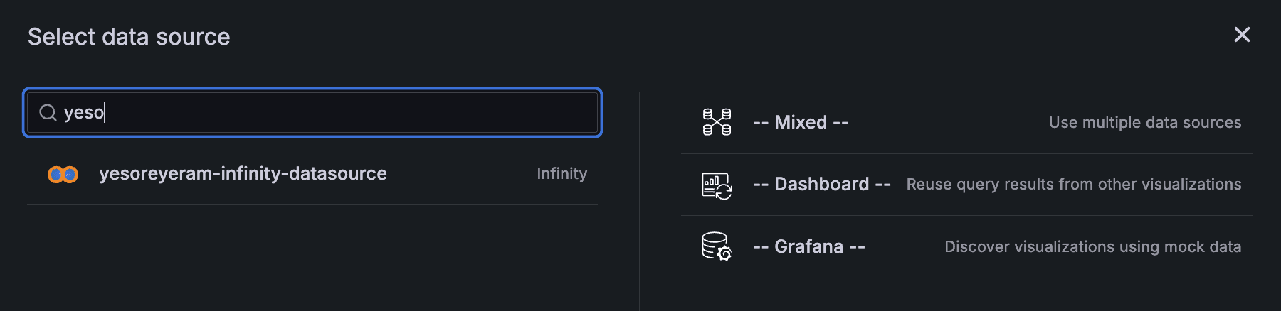 A screenshot showing how to select a data source for a visualization.
