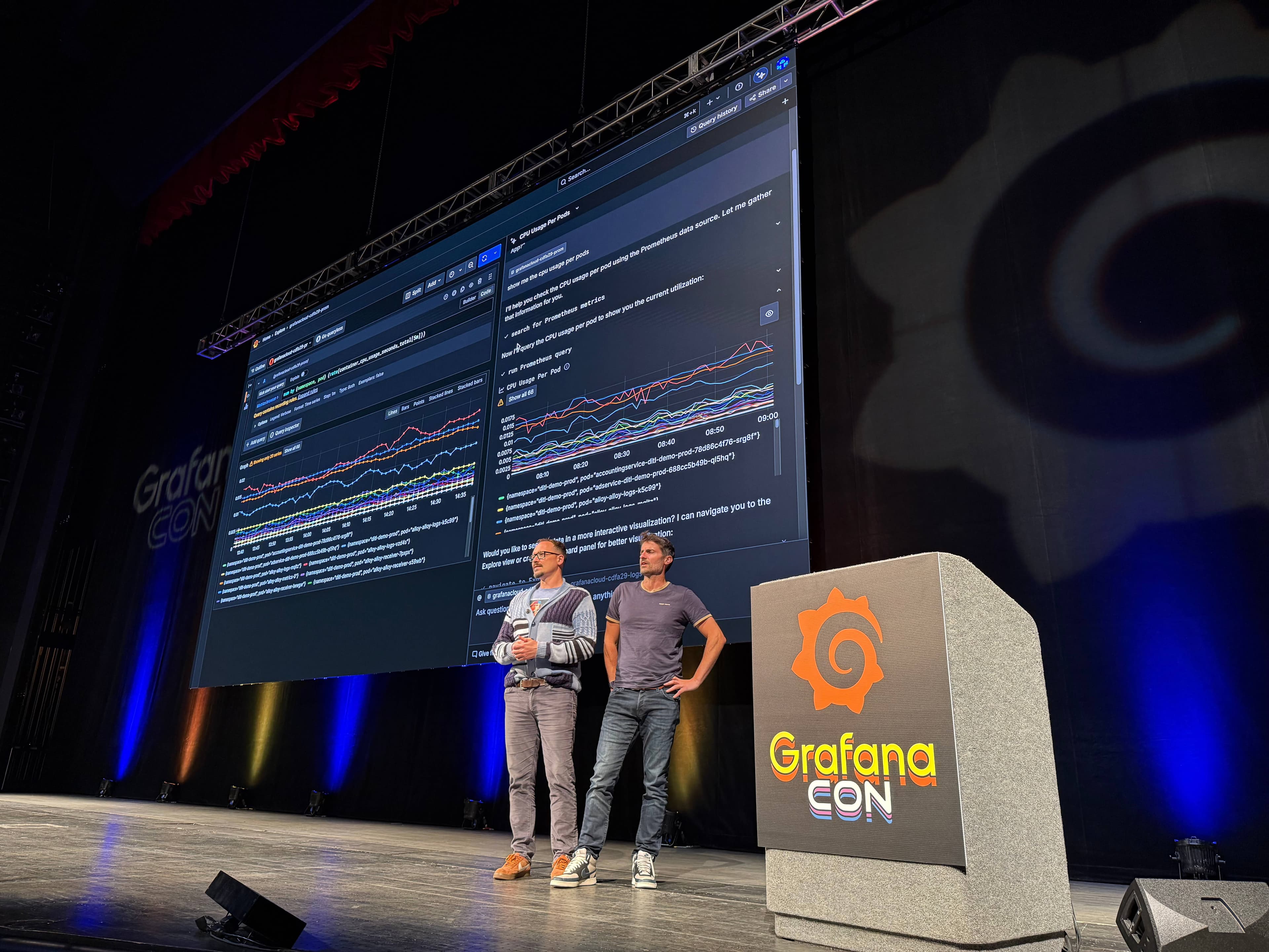 A photo of Mat and Cyril on stage at GrafanaCON 2025