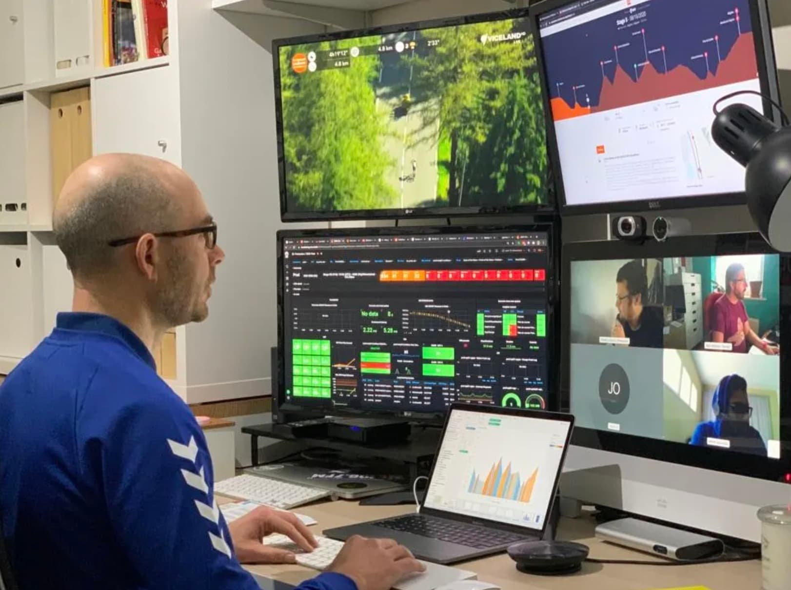 Photo showing engineer looking at Tour de France Grafana dashboard