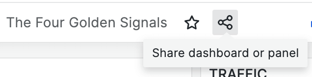 A closeup of the Share dashboard or panel button in Grafana