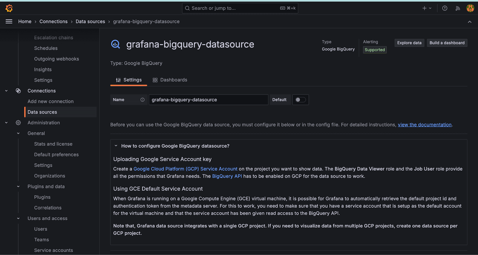 A screenshot of the Settings tab for the BigQuery data source in Grafana.