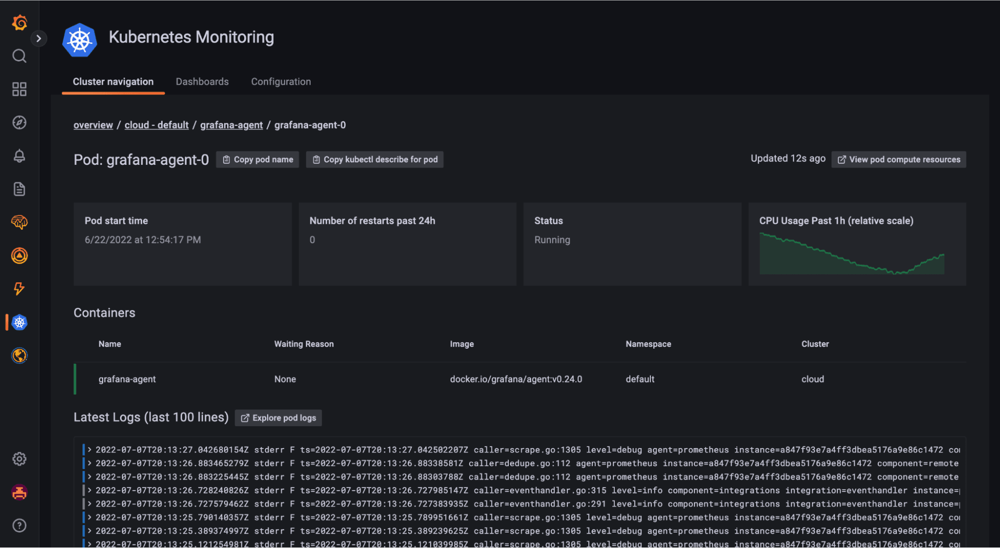 Kubernetes log lines in Grafana Cloud using Kubernetes Monitoring