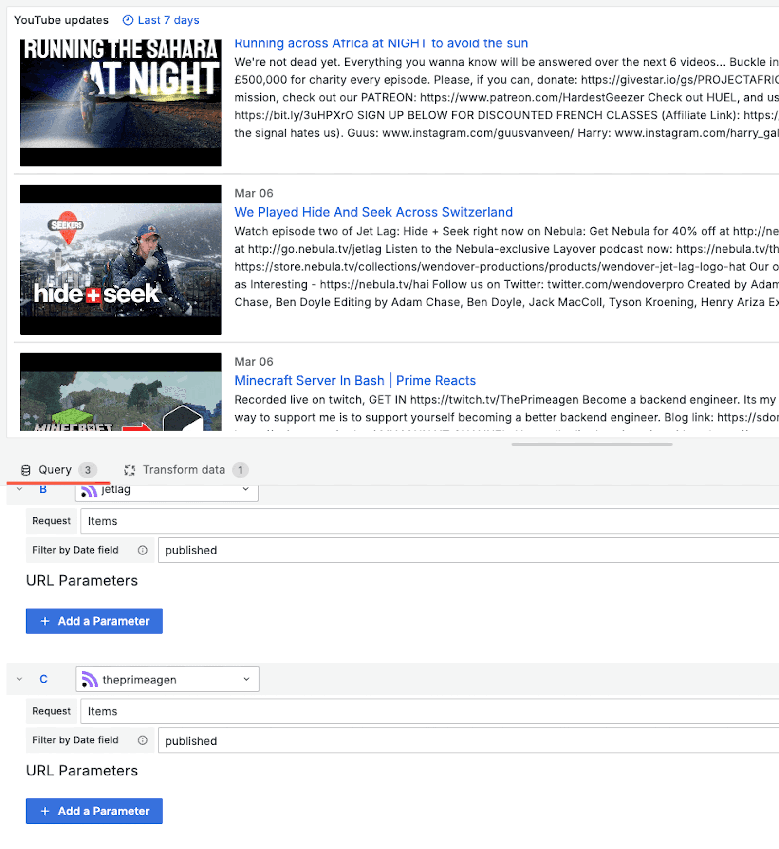 A screenshot of an Article panel being edited in Grafana with Youtube updates at the top of the panel and the query editor below.