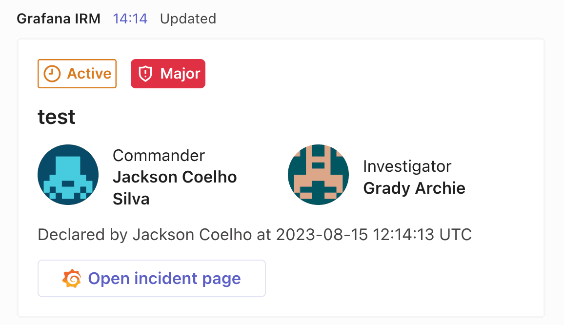 Screenshot of announcement message in Grafana Incident