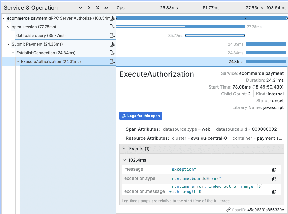 Detailed view of trace after TraceQL query for event attributes