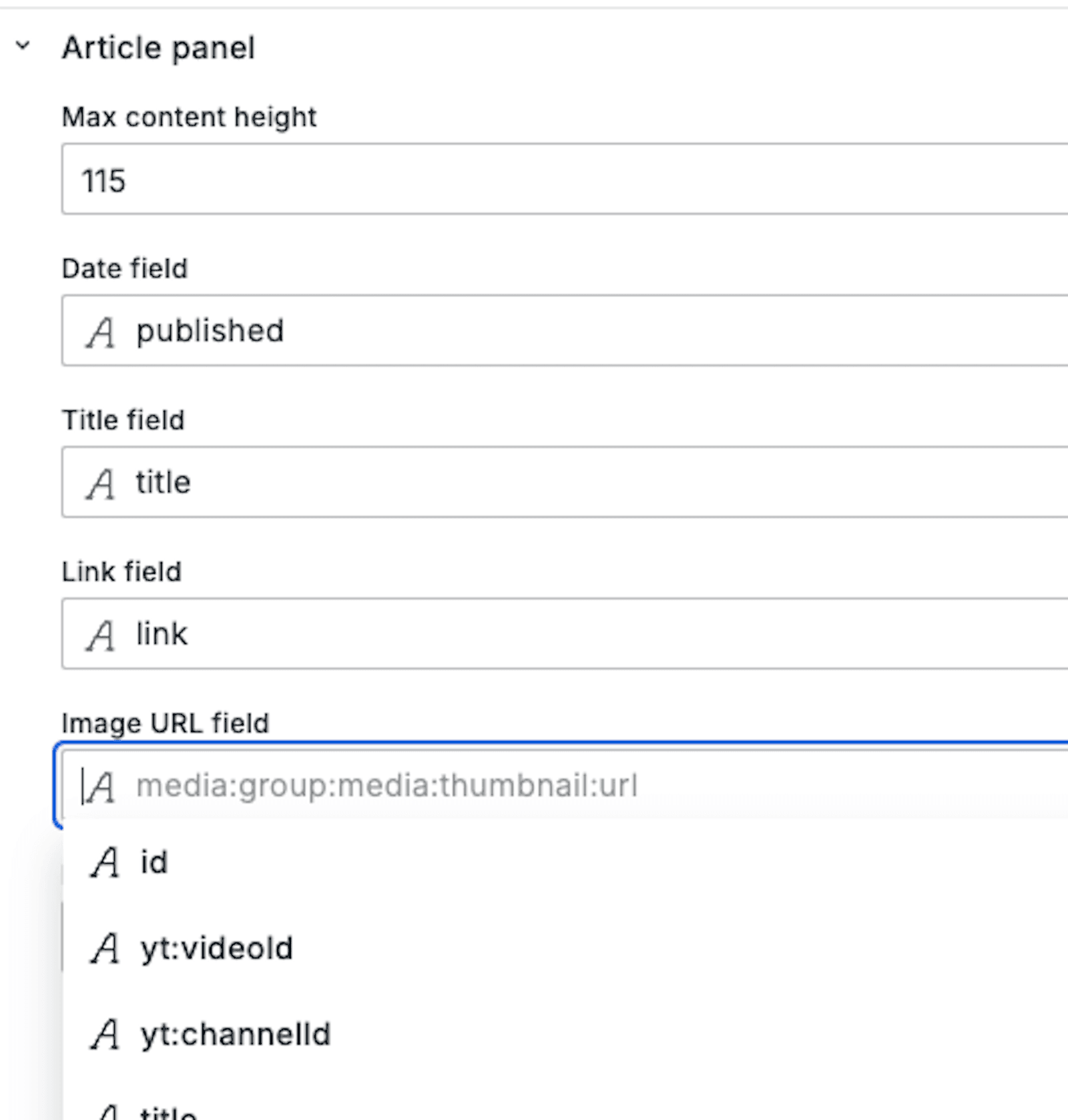 A screenshot of the options for the fields in the Article panel