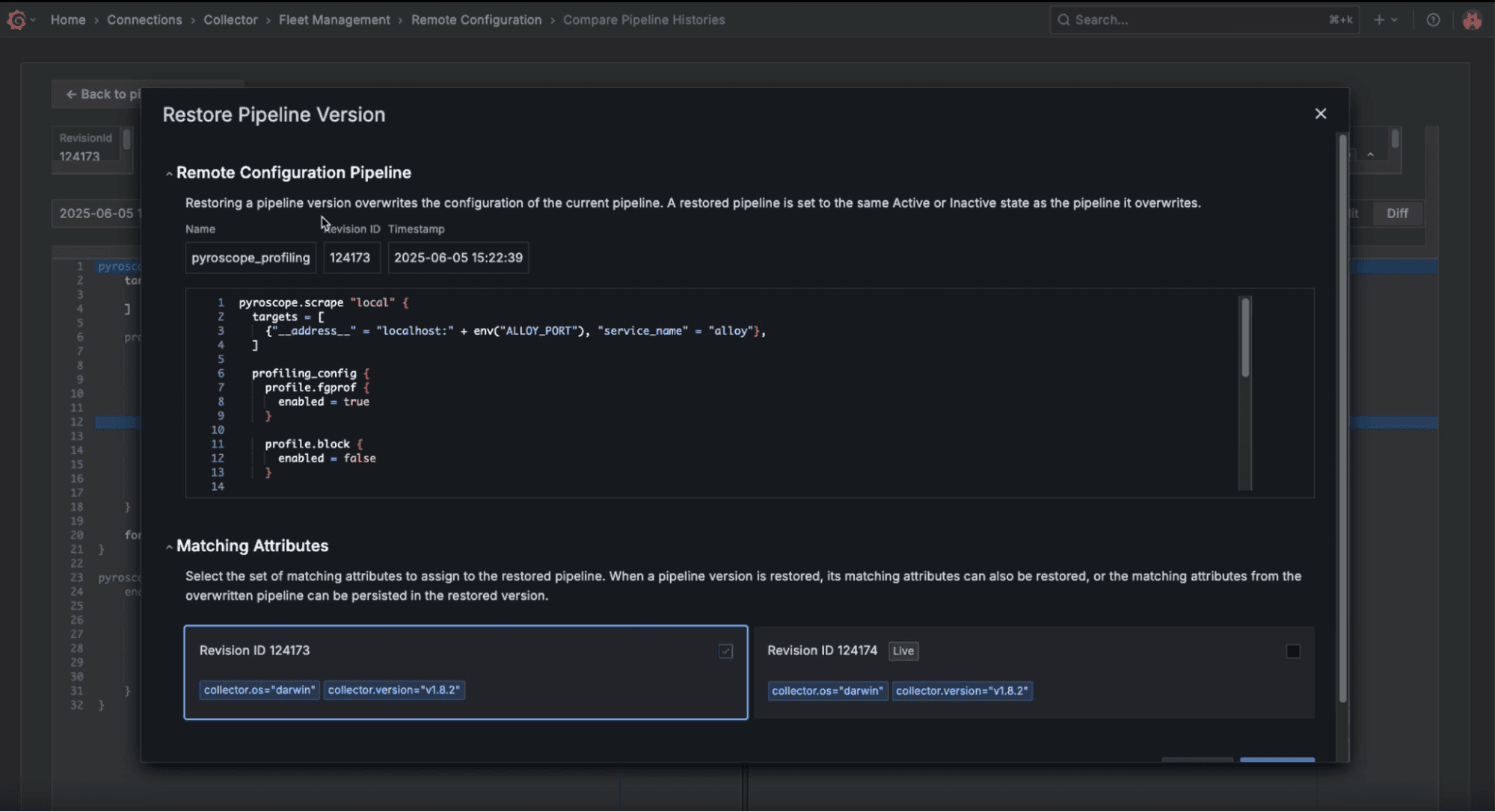 A screenshot of the restore pipelines feature in Fleet Management.