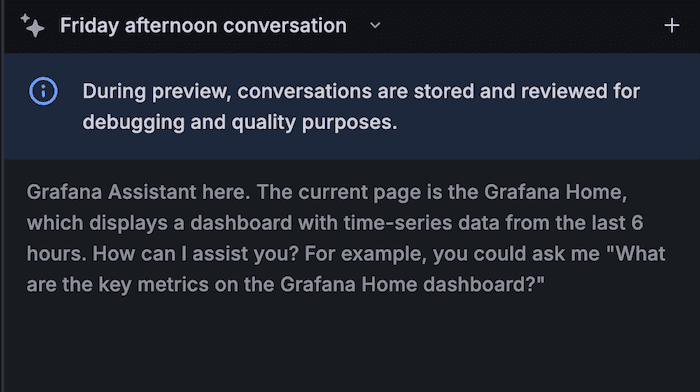Grafana Assistant introducing itself, describing the current page, and offering a suggested question about key metrics in the Grafana Home dashboard