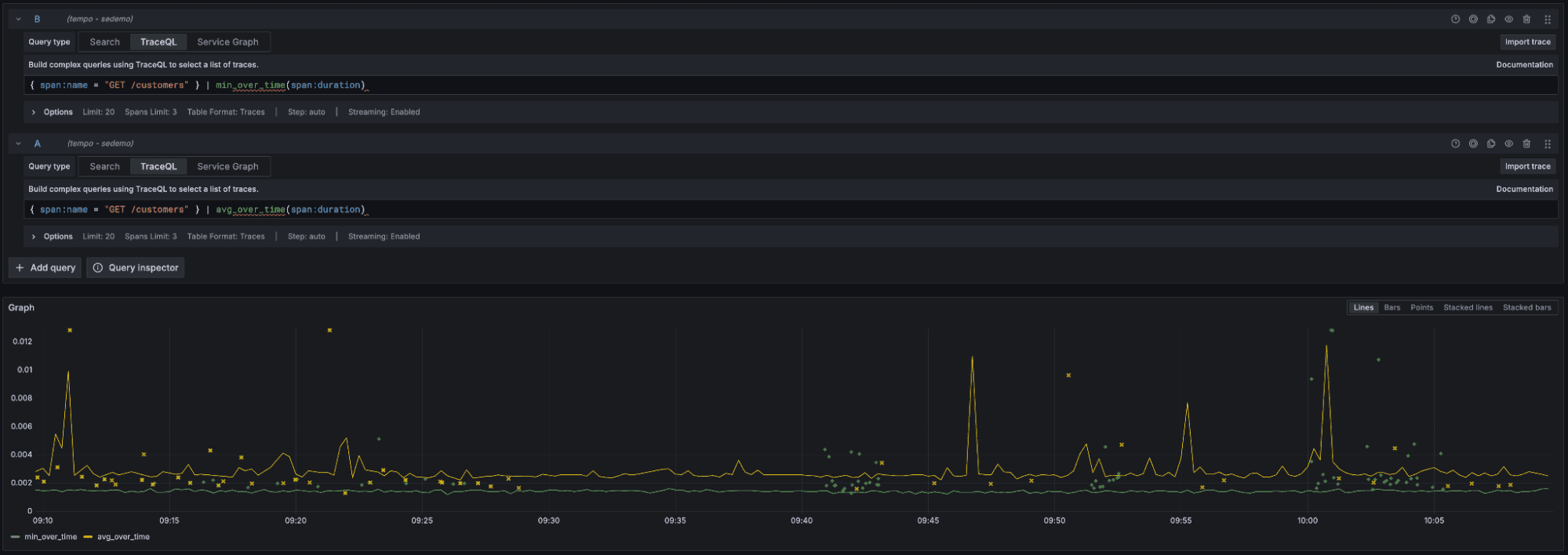 A screenshot of two of the new TraceQL metrics functions.