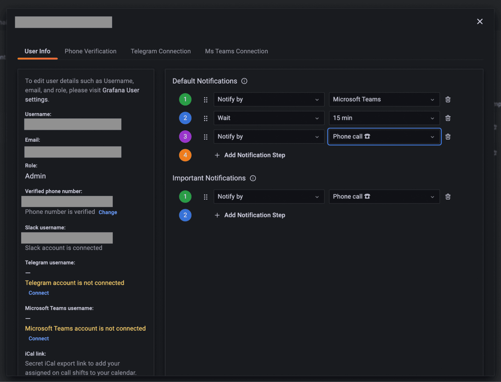 Screenshot of Grafana OnCall in Grafana Cloud UI showing user settings configured for Microsoft Teams.