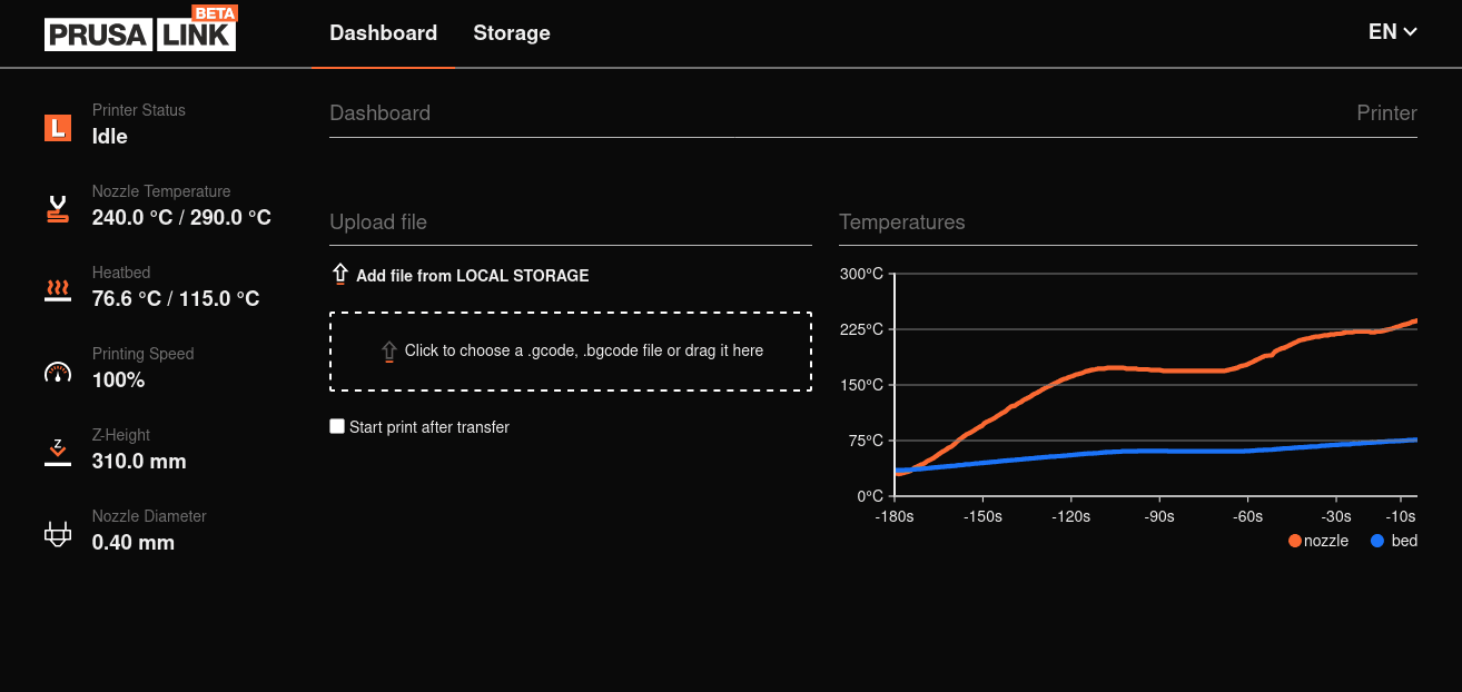 Prusa Link monitoring page